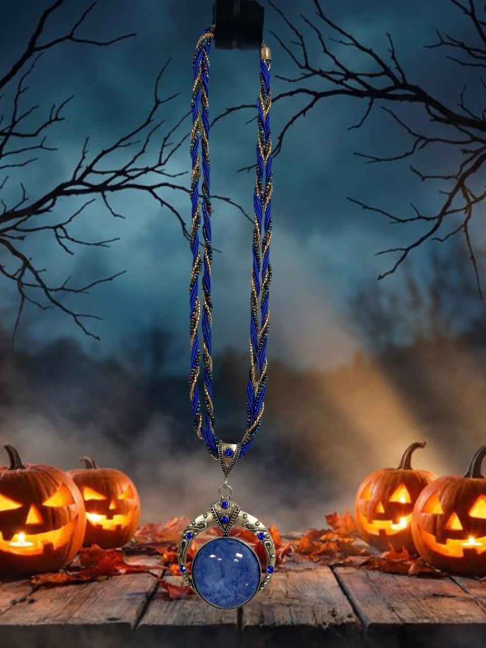 Spooky witchy blue and gold beaded crescent moon pendant necklace